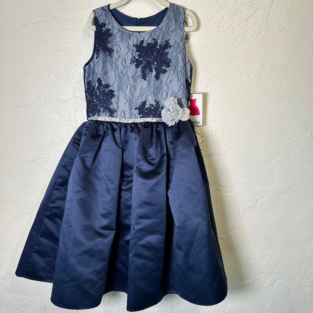 NWT Dorissa Girls Size 8 Formal Party Dress Navy Silver Lace Event Embroidered